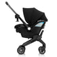 Black stroller with canopy and infant car seat, front wheel view