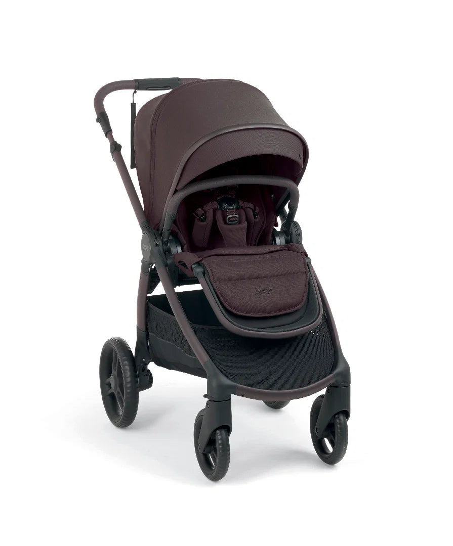 Dark gray pushchair with padded carrycot, canopy, and front toddler seat panel