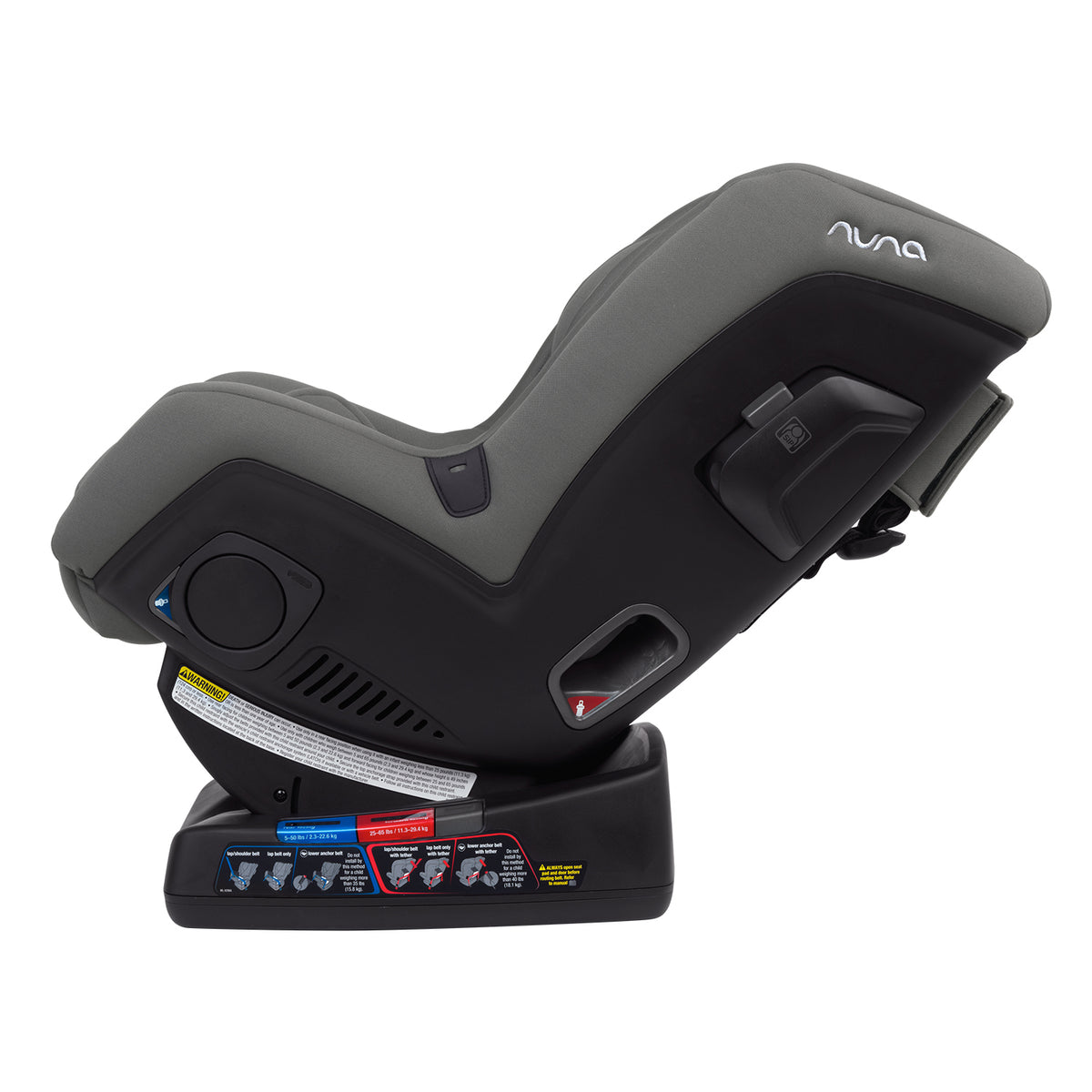 Gray Nuna rear-facing car seat with side impact shield and integrated base