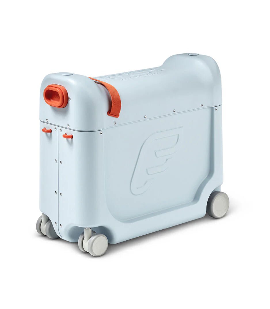 Portable kids bedbox in light blue with orange handle accents and gray wheels