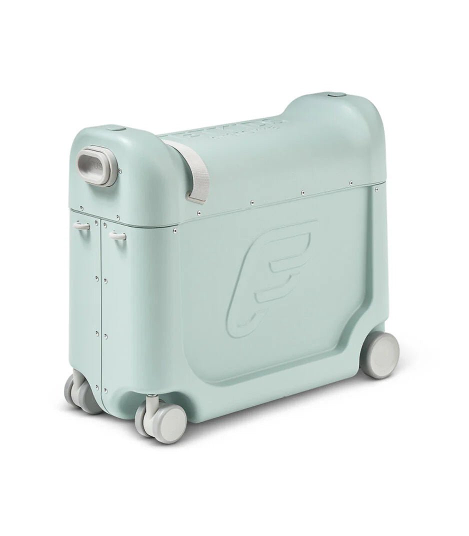 Mint green portable kids bedbox with front carry handle and gray rolling wheels
