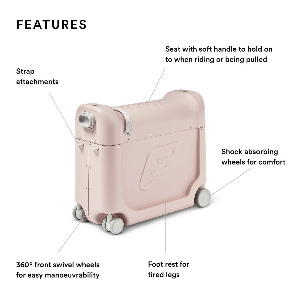 Portable kids bedbox feature diagram with strap attachments, seat handle, and wheels