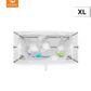 X-large white baby bath with gray frame and internal base, with bath toys inside