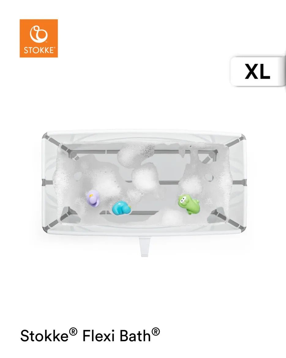 X-large white baby bath with gray frame and internal base, with bath toys inside