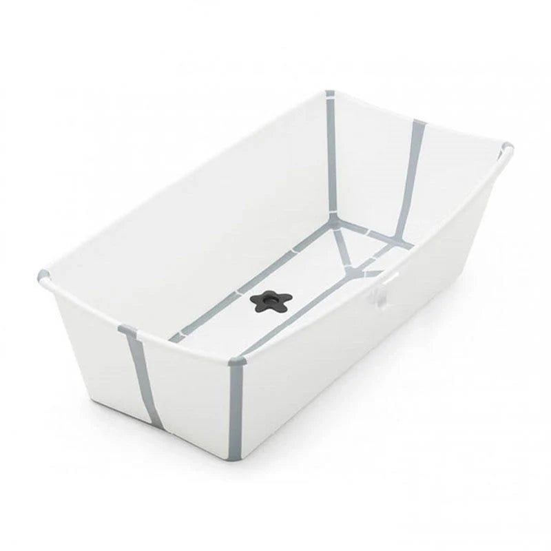 X-large white baby bath with gray support frame and molded side handles
