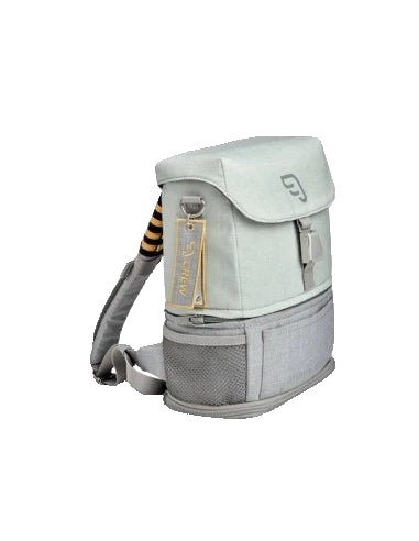 Light blue kids crew backpack with curved top flap and gray bottom
