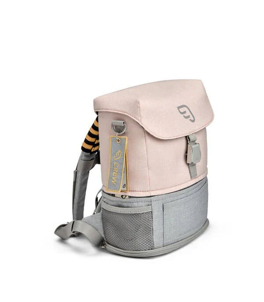 Pink kids crew backpack with top flap, gray bottom panel, side handle