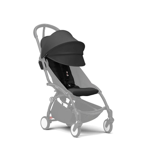 Black stroller with canopy and padded seat, smooth fabric and sleek frame