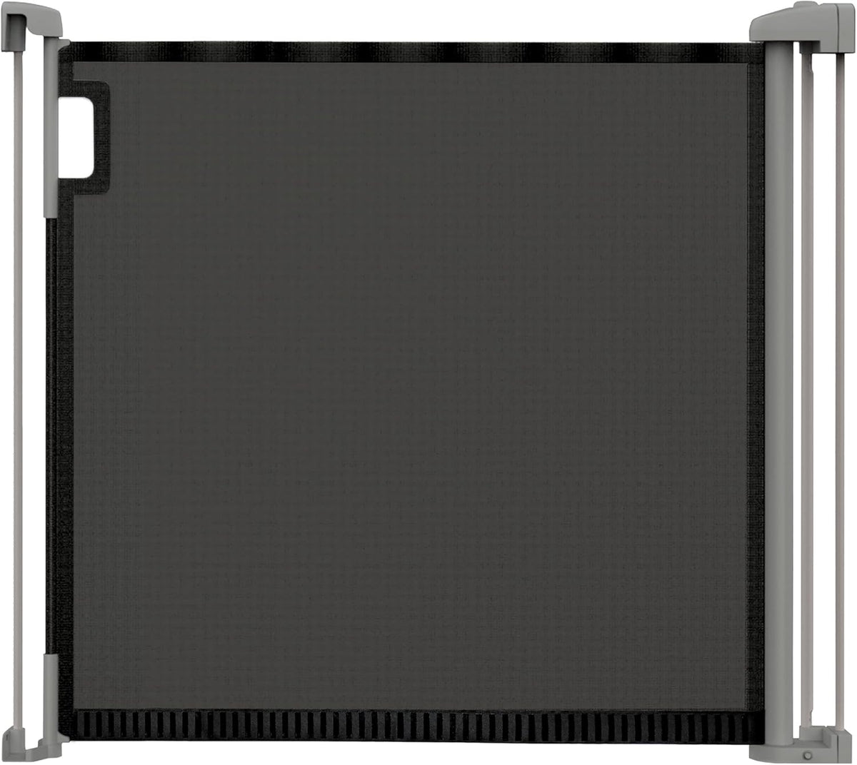 Retractable baby gate frame with black mesh panel and end mounting caps