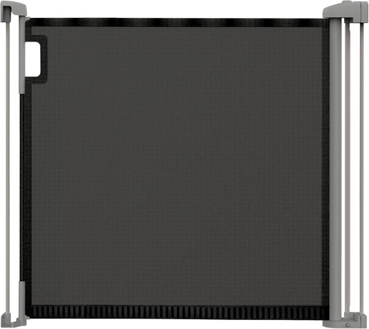 Retractable baby gate frame with black mesh panel and end mounting caps