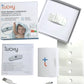 Connected thermometer kit with wearable sensor strap, cable, and instruction paper