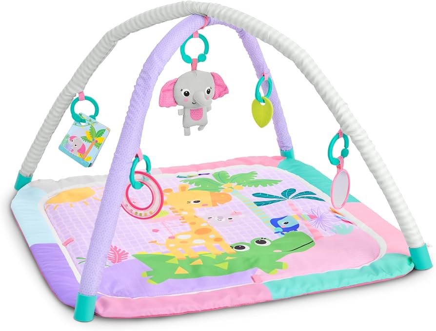 Colorful foldaway baby activity gym mat with padded arch and hanging plush toy
