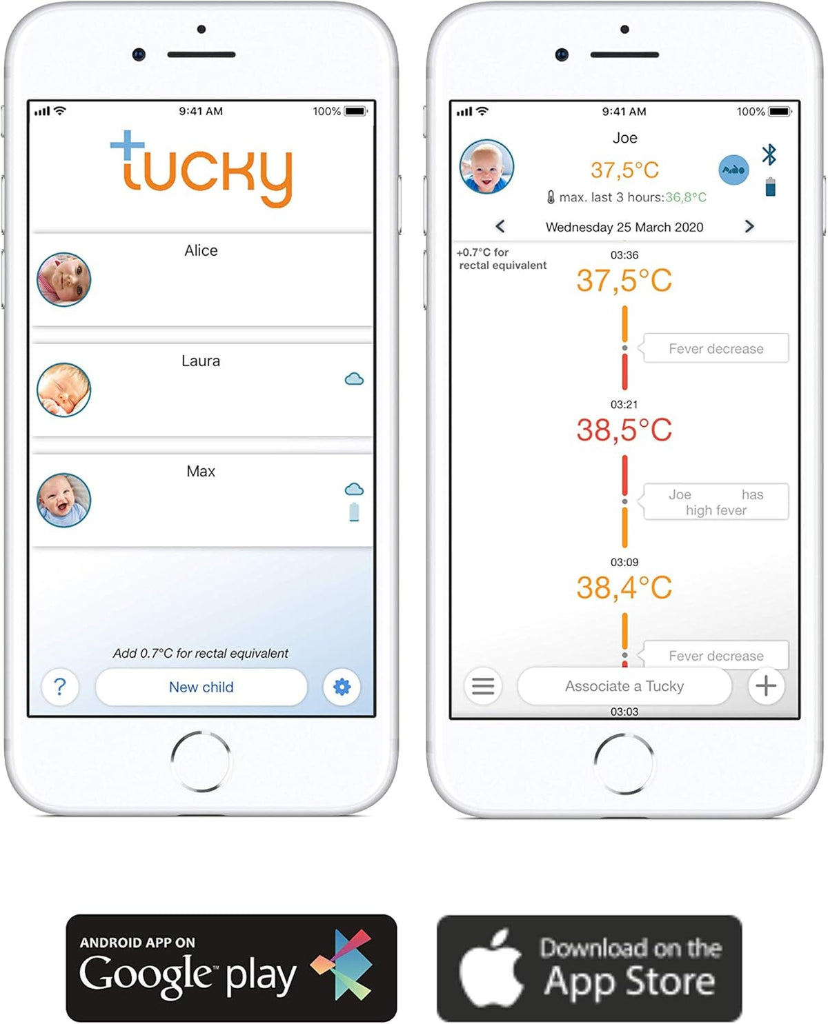 Smartphone app screens for connected thermometer showing multiple users' temperatures