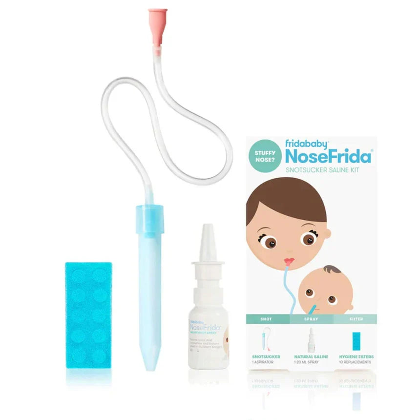 NoseFrida nasal aspirator kit with clear tube, blue filter, and travel case