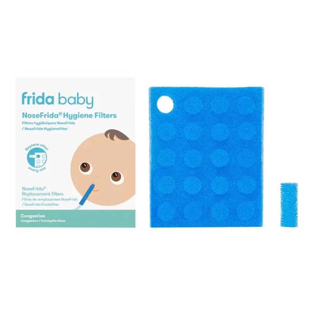 NoseFrida hygiene filter pads in blue, with disposable foam catchers