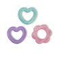 Heart-shaped teething toy in mint, purple, and pink with ridged grip edges