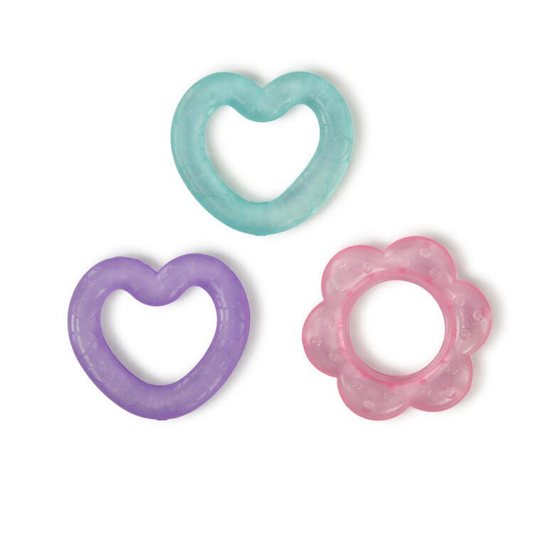 Heart-shaped teething toy in mint, purple, and pink with ridged grip edges