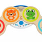 Wooden animal touch drum toy with three animal faces and blue sound buttons