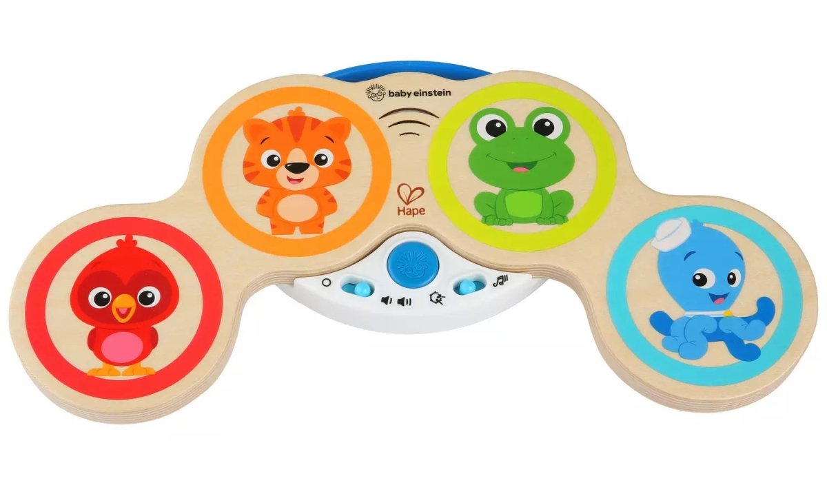 Wooden animal touch drum toy with three animal faces and blue sound buttons
