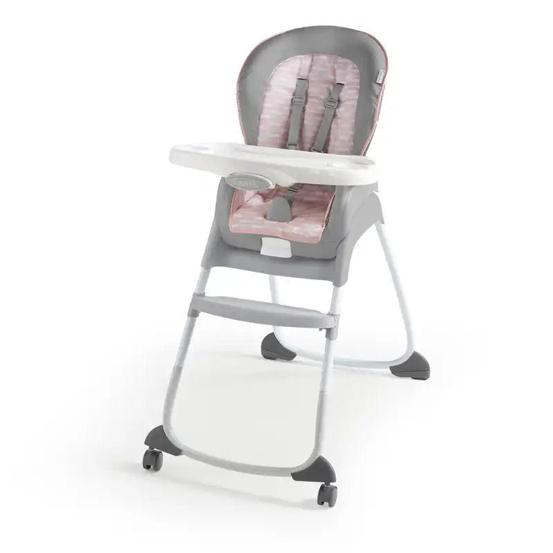 3-in-1 high chair with white tray, gray frame, pink cushioned seat and headrest