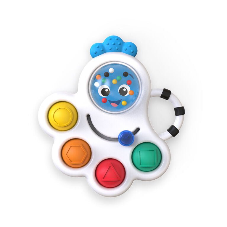 Flower-shaped sensory rattle and teether with animal face and colorful push buttons
