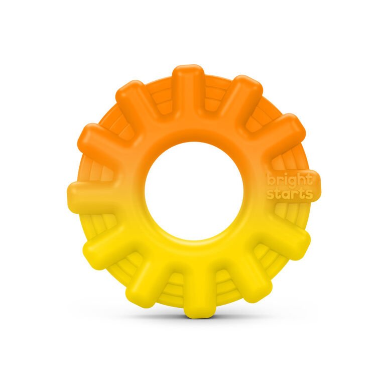 Silicone teether ring with studded textures, orange and yellow, bright starts logo