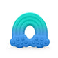 Silicone teether with cloud and raindrop textures, blue and teal rainbow shape
