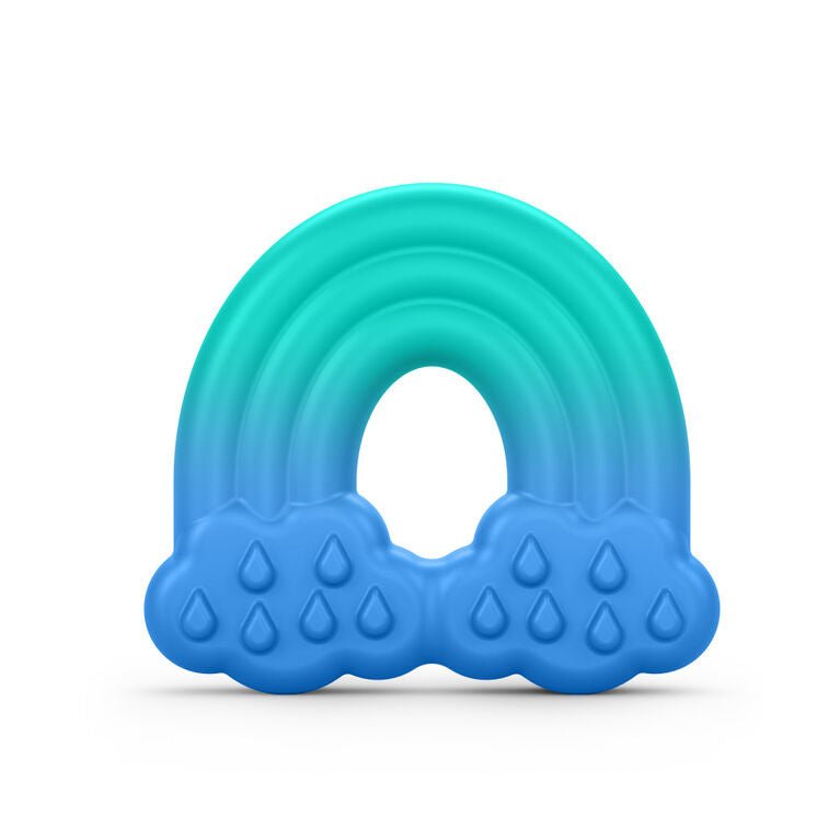 Silicone teether with cloud and raindrop textures, blue and teal rainbow shape
