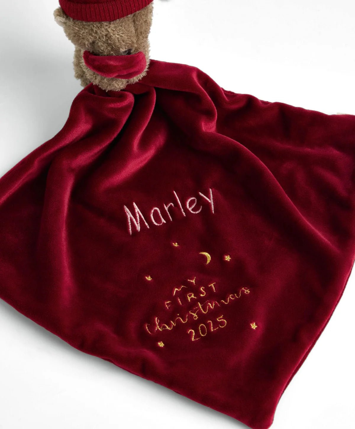 Red teddy bear comforter with 'Harley' and My First Christmas 2025