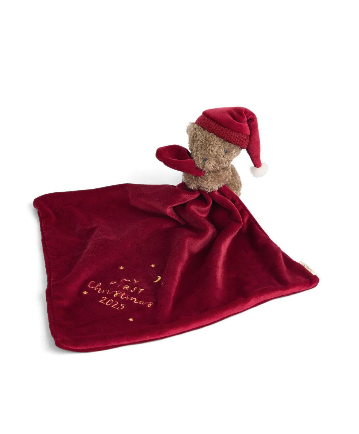 Red teddy bear comforter with plush bear and embroidered 2025 text