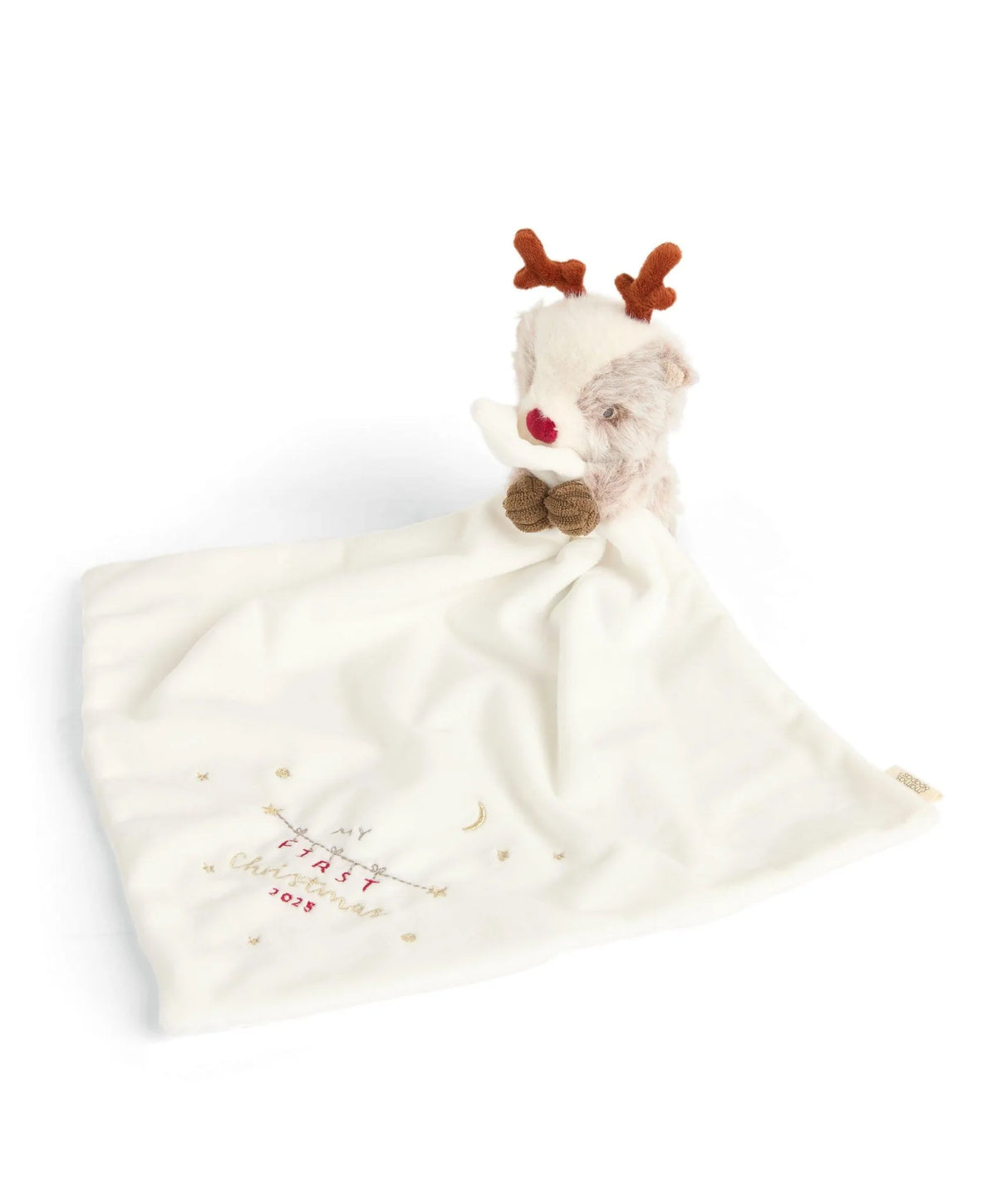 Cream reindeer comforter with plush head, red nose, and 'First Christmas 2025' embroidery