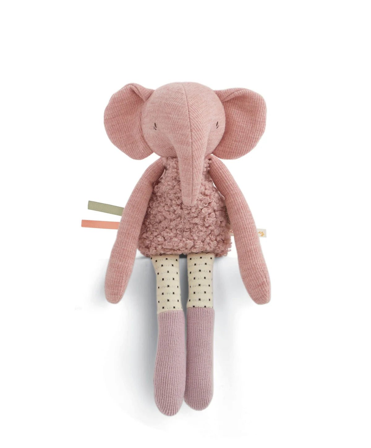 Pink elephant plush activity toy beanie with textured body and long legs.