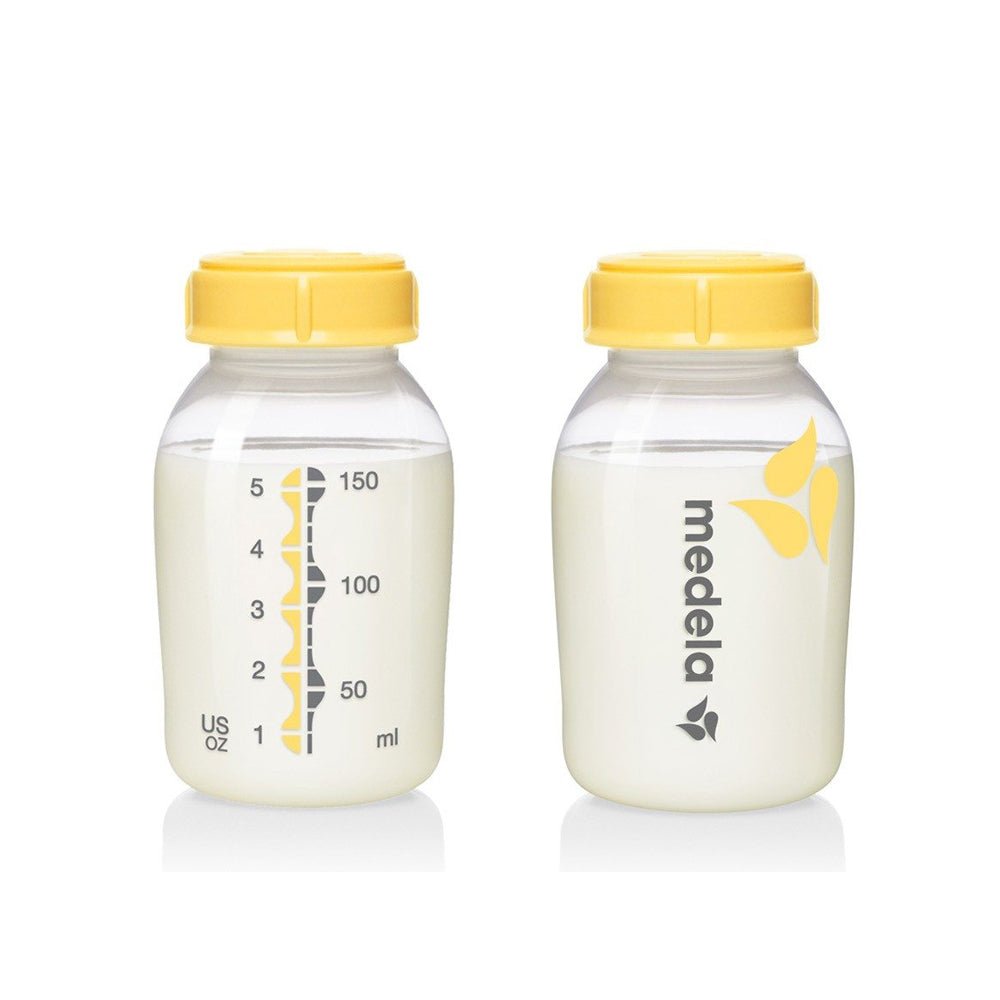 Breastmilk bottles 150 ml with yellow caps, measurement markings and logo