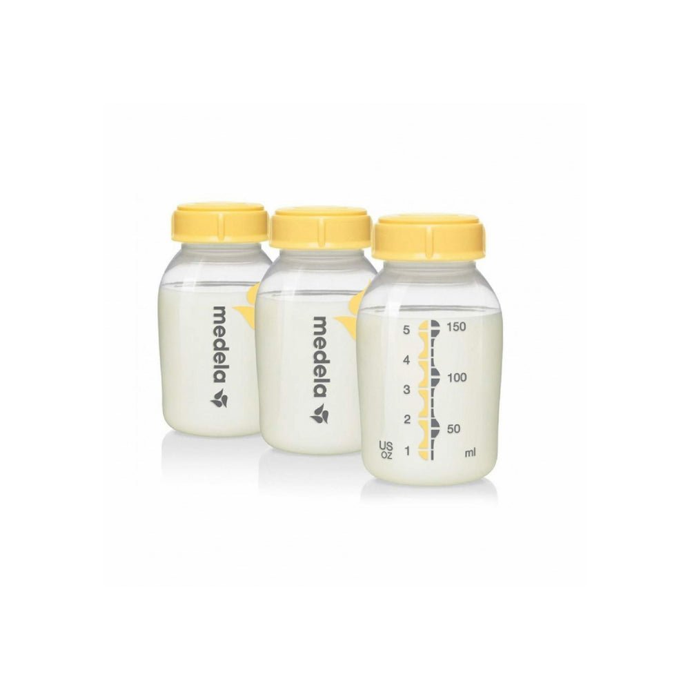 Breastmilk bottles 150 ml, 3-pack with yellow caps and measurement scale