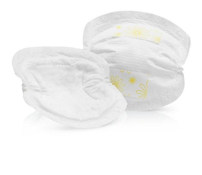 Disposable nursing pads, white with yellow floral print, two pads shown