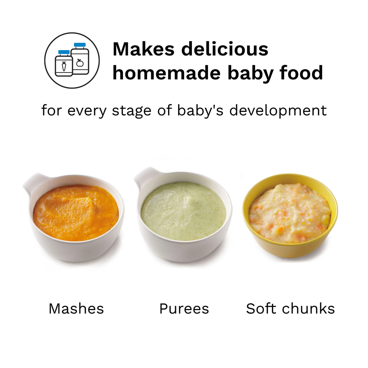 Three small bowls of homemade baby food: mashed, purees, and soft chunks