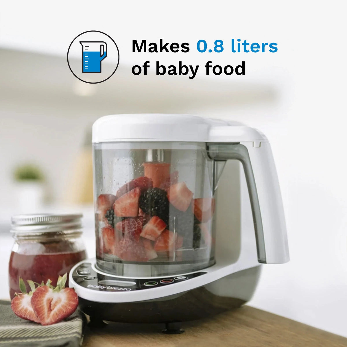 Baby food maker with clear jar and 0.8 liter capacity icon