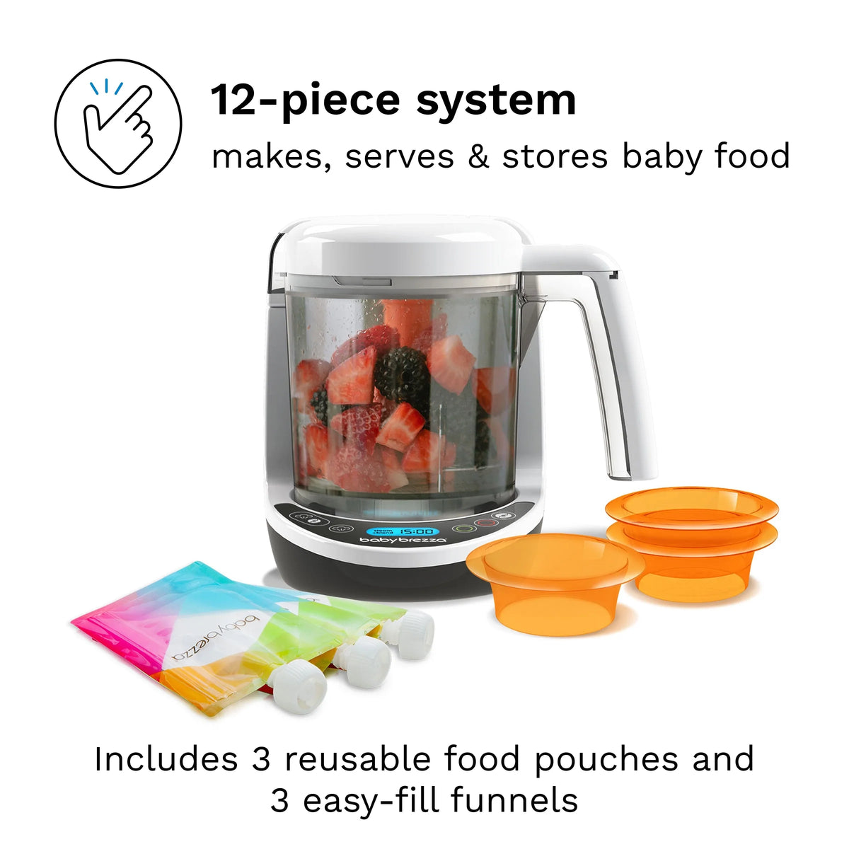 Baby food maker with clear steam/blend jar, orange accessories, reusable food pouches