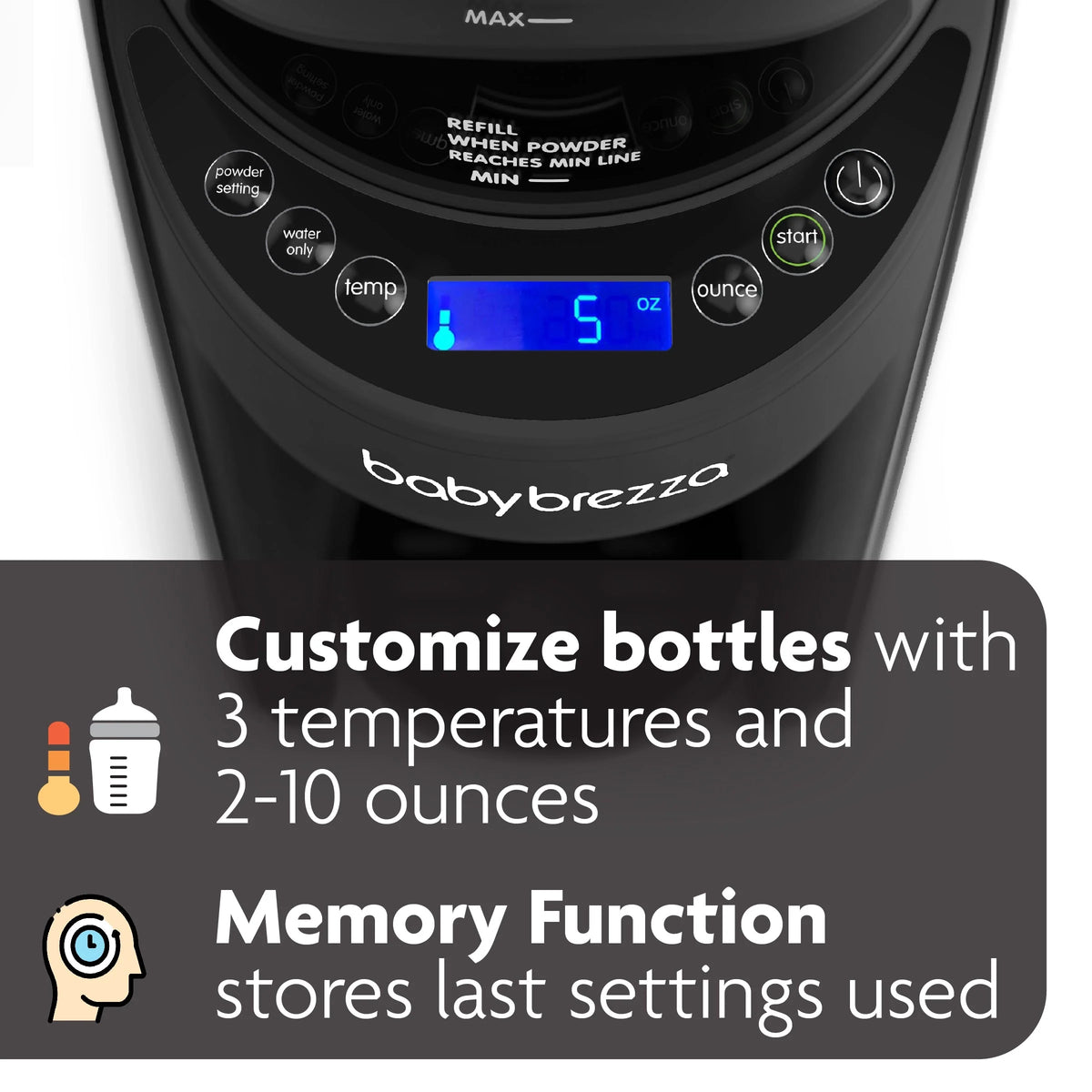 Close-up of baby formula dispenser display and buttons with blue 5 oz reading