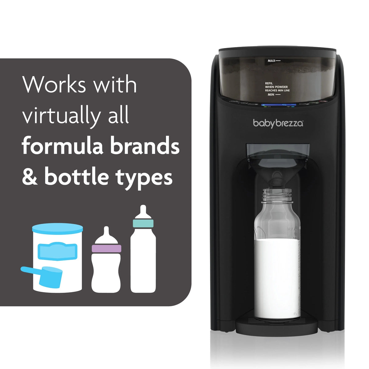 Black formula dispenser with visible bottle chamber and stainless-look lid