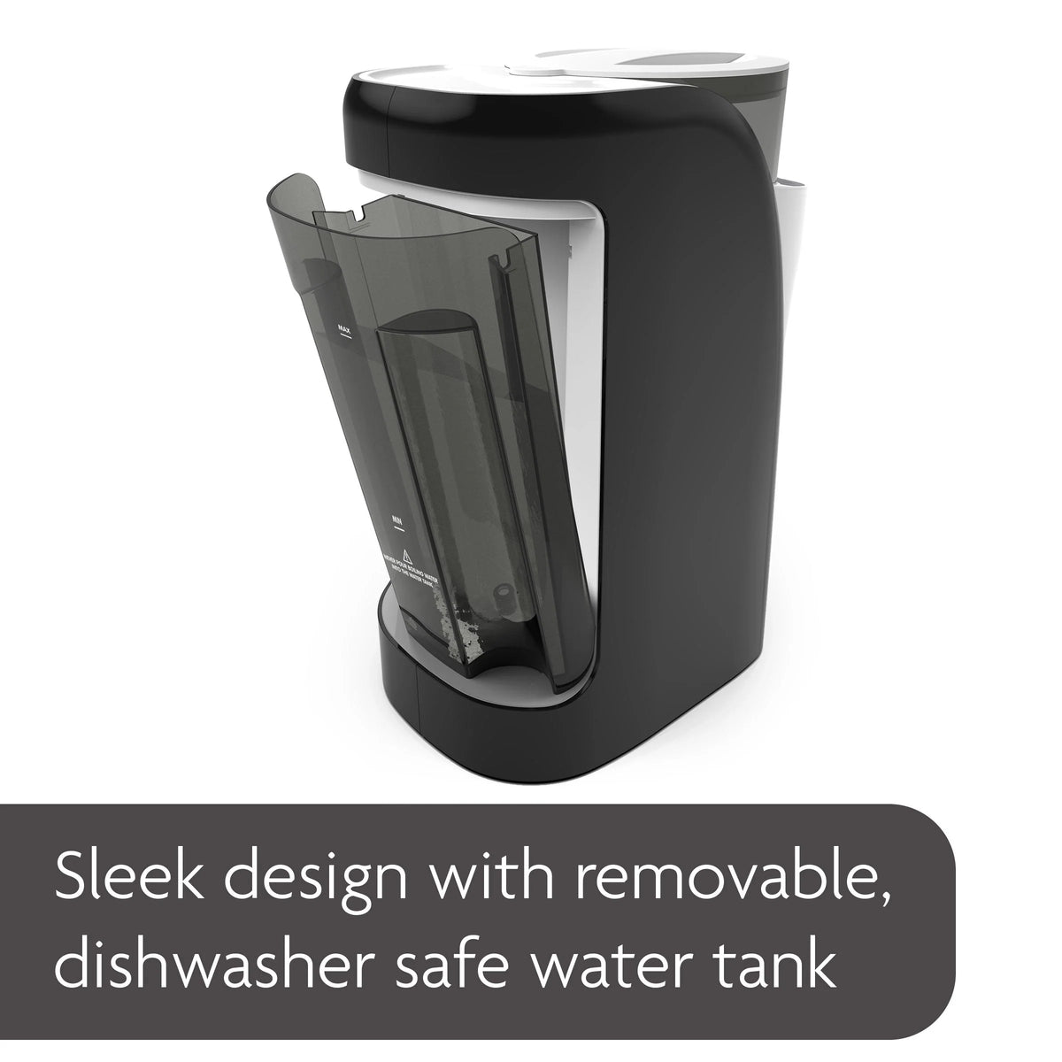 Black formula dispenser with removable, dishwasher-safe water tank section exposed