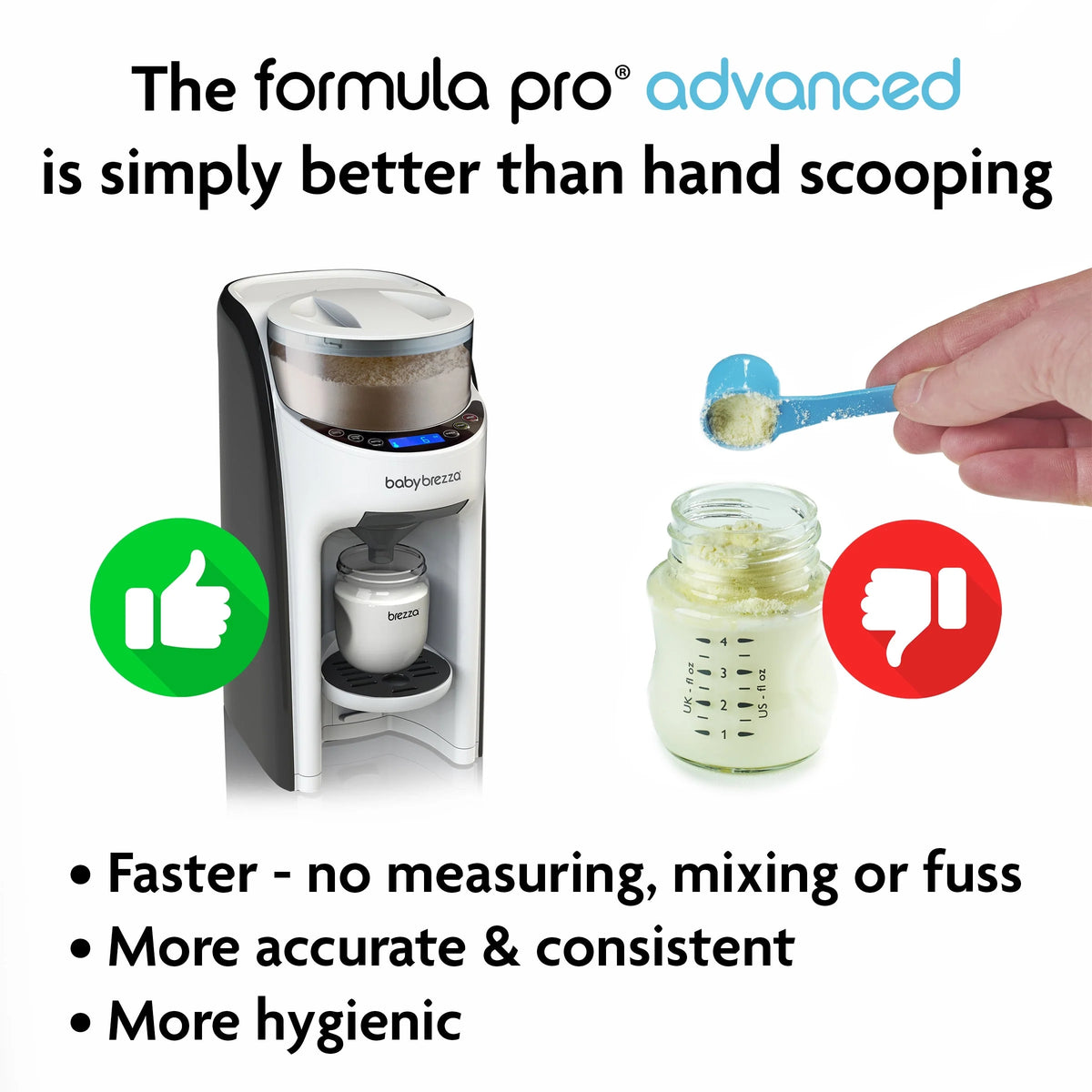 White formula dispenser beside jar with measuring marks and spoon-hand mixing