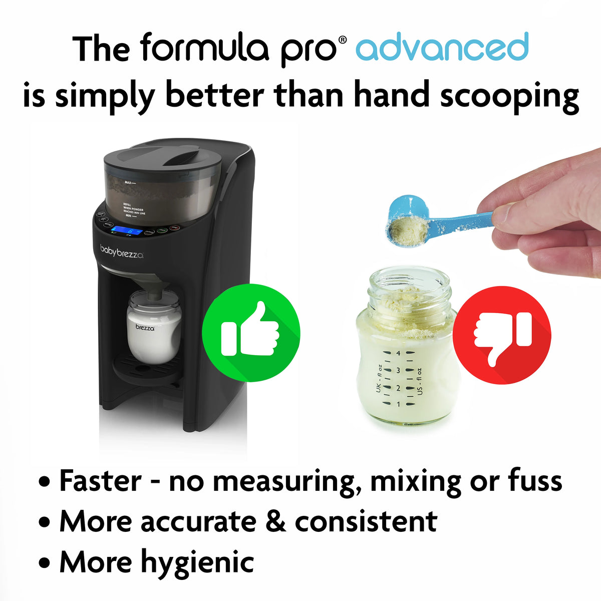 Black formula dispenser with jar and hand holding blue measuring spoon