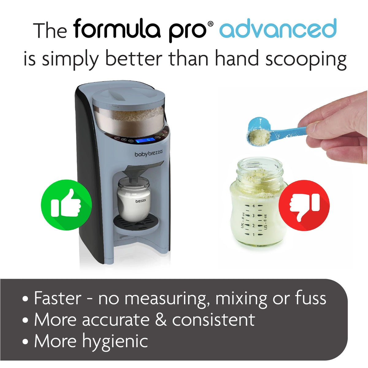 Black formula dispenser with jar and hand holding spoon, measuring shown