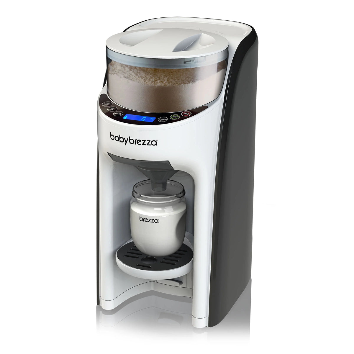 White baby formula dispenser at 3/4 angle with bottle inside front chamber