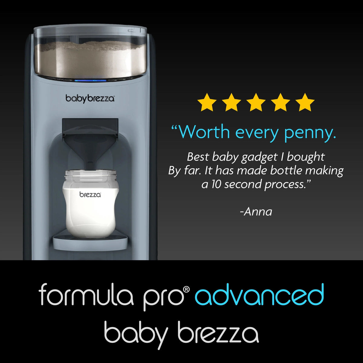 White baby formula dispenser front view with clear top hopper and built-in funnel.