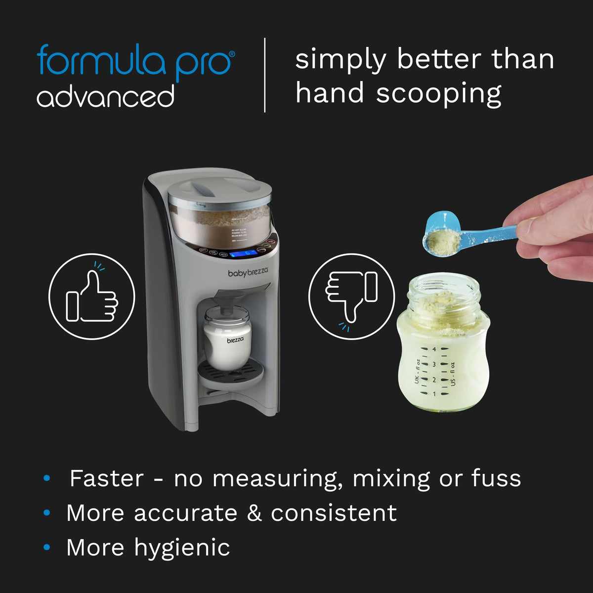 White baby formula dispenser standing next to jar, with dispensing funnel visible.