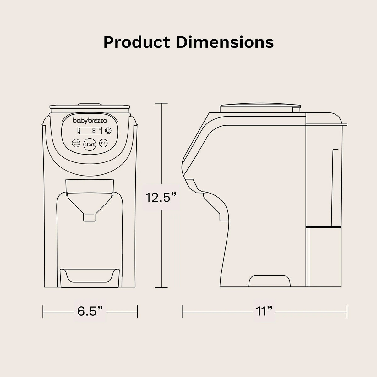 White babybrezza formula dispenser product dimensions diagram with measurements