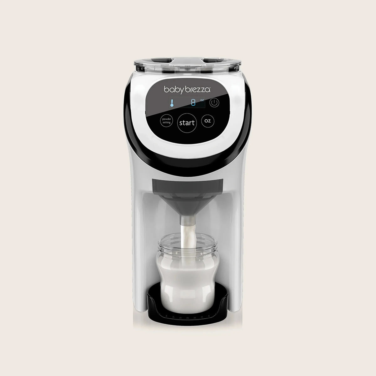 White babybrezza formula dispenser with digital panel and dispensing nozzle