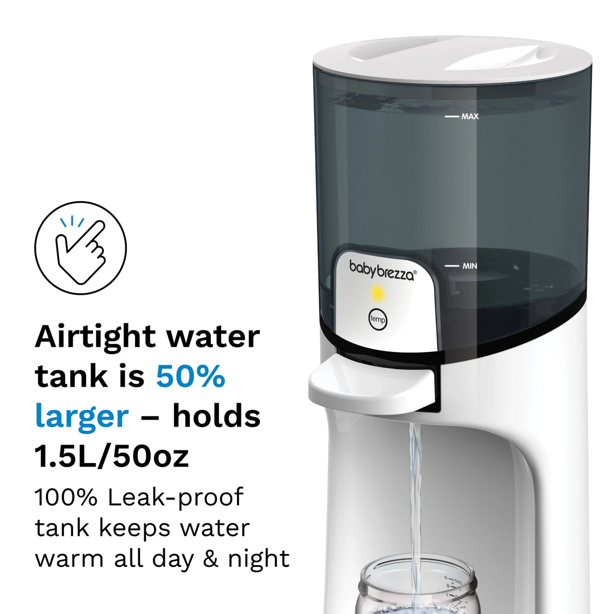 White and dark-top warm water dispenser with water level window and serving jug